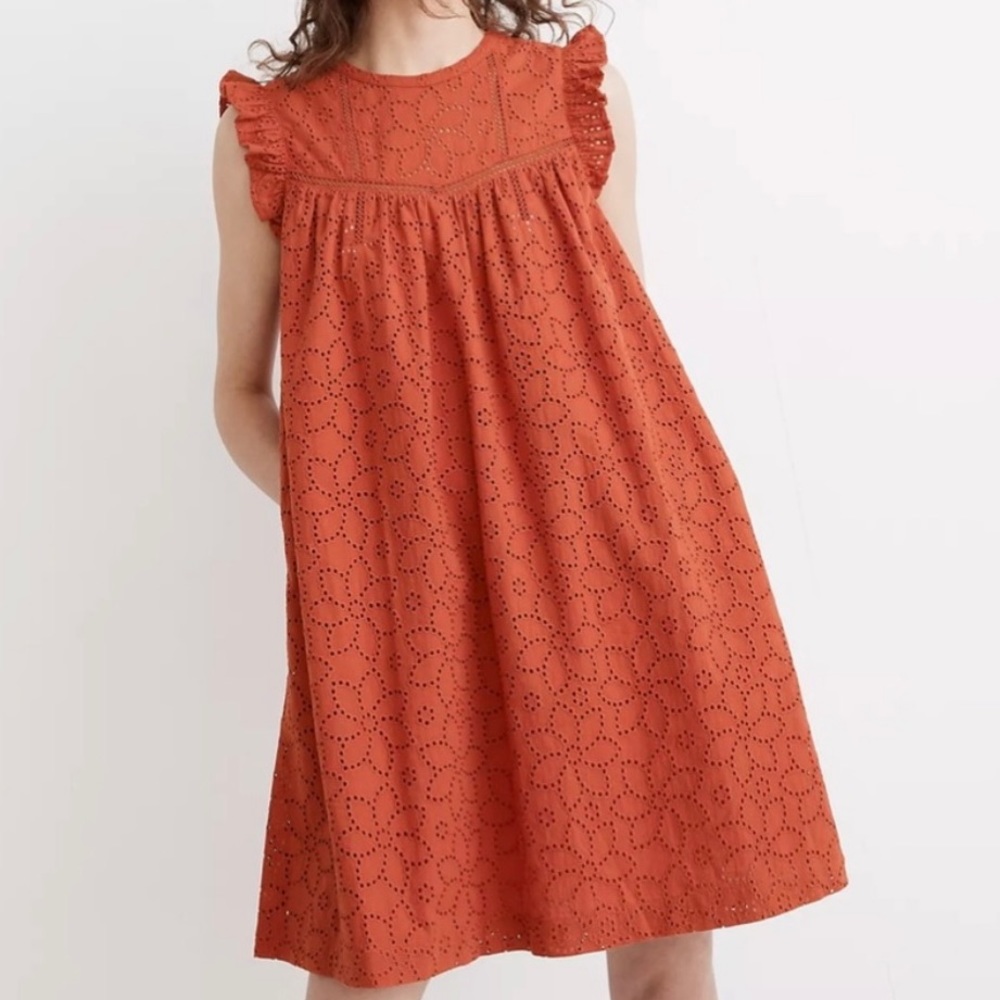 NWT Madewell Eyelet Ruffle-Sleeve Mini Dress Orange Medium